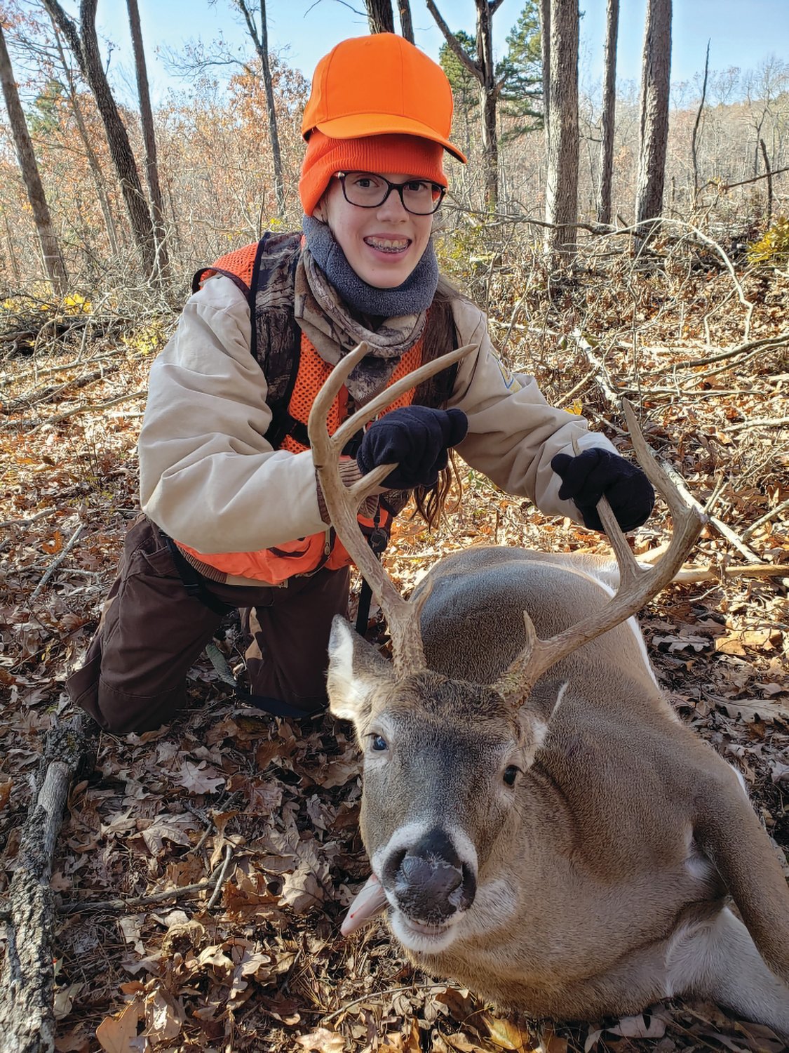 Lea Rice, 14, got this nice eight-point buck hunting with her sister, Timber.